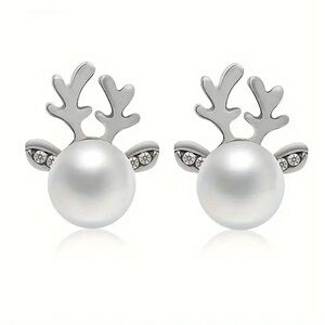 Pearl REINDEER ANTLERS Christmas w/ Rhinestone Silver‎ Tone Holiday Earrings NEW